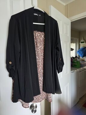 Black Open-Front Cardigan with Leopard Slip Dress